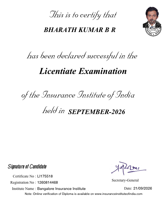 Licentiate Examination certificate — Insurance Institute of India, September 2026